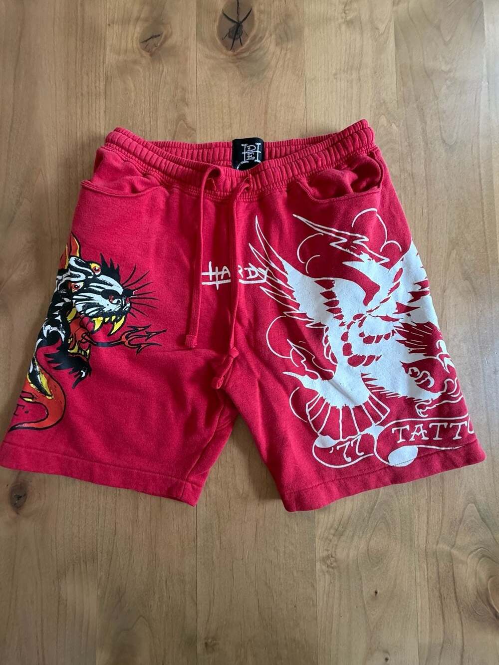 Ed Hardy Hellcat Tattoo Graphic Fleece Shorts Small
